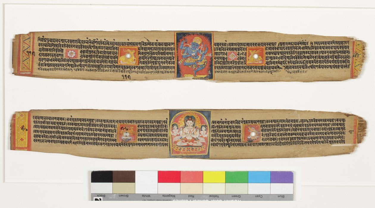 Nahoře: Taneční holicí strojek; Dole: Bódhisattva Sadakshi Awolokiteshwara a Attendants, CII- (OPQW & Inc on Palm Leaf) od Indian School