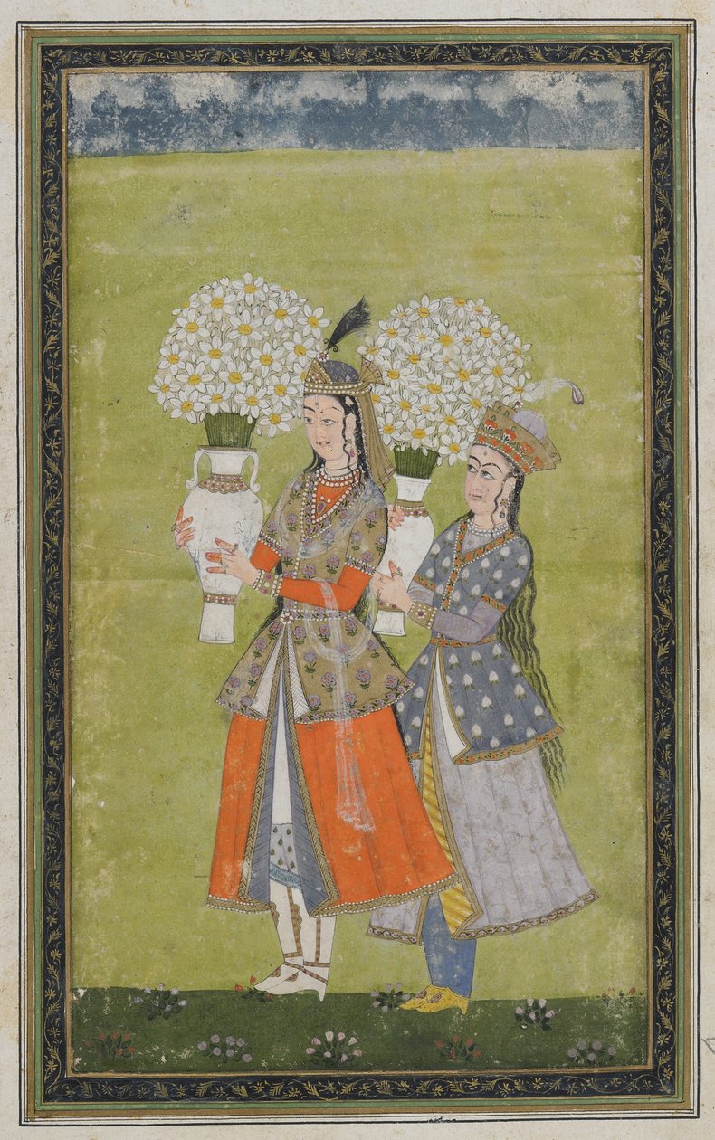 Dvě dámy nesou květiny, oddělené albové folio s malbou, 19. stol od Indian School