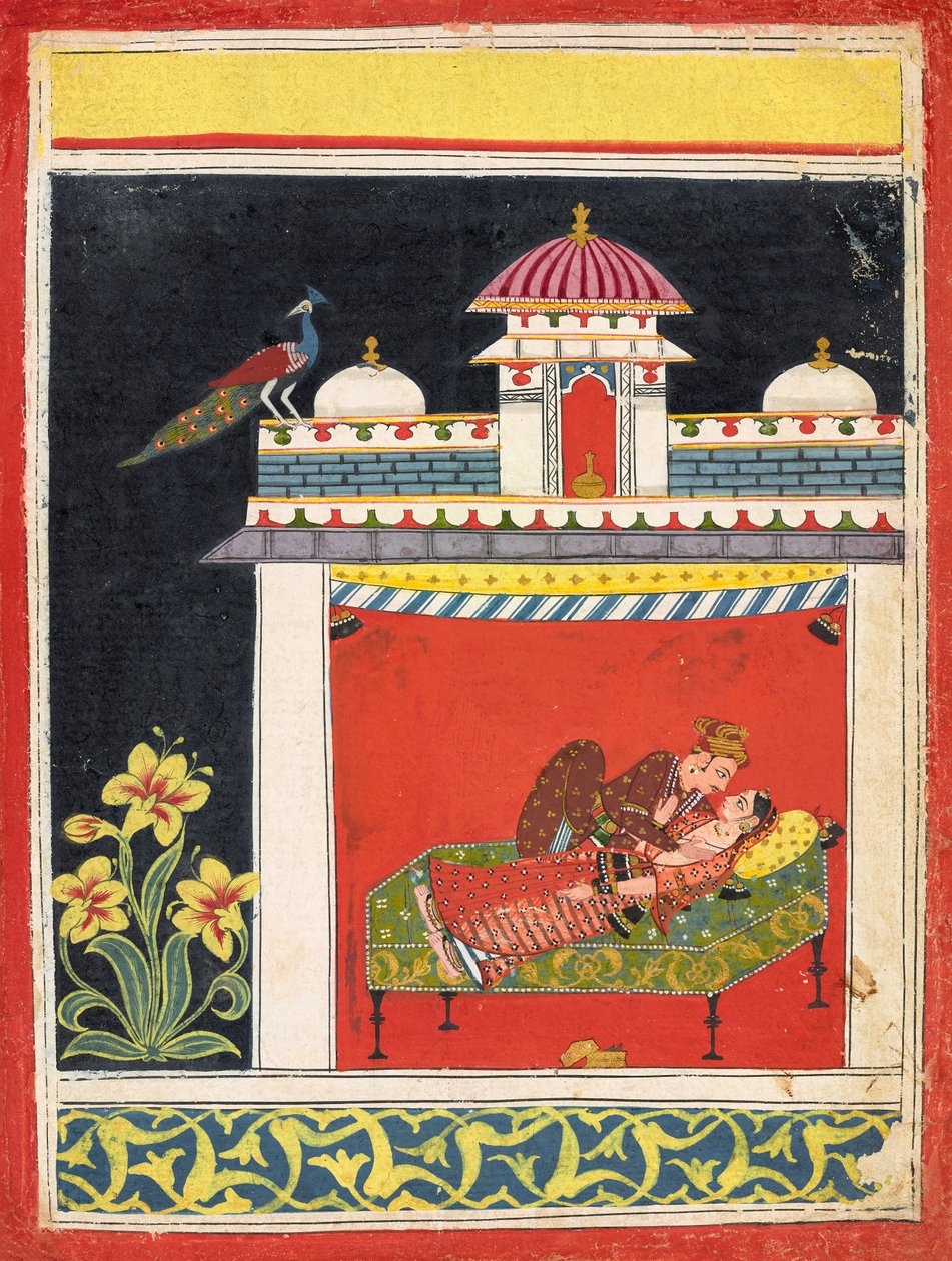 Dva milenci v pavilonu, z "Amarushataka" (Sto básní Amaru), nebo neidentifikované erotické série, kolem roku 1680 (neprůhledný akvarel a zlato na papíře) od Indian School