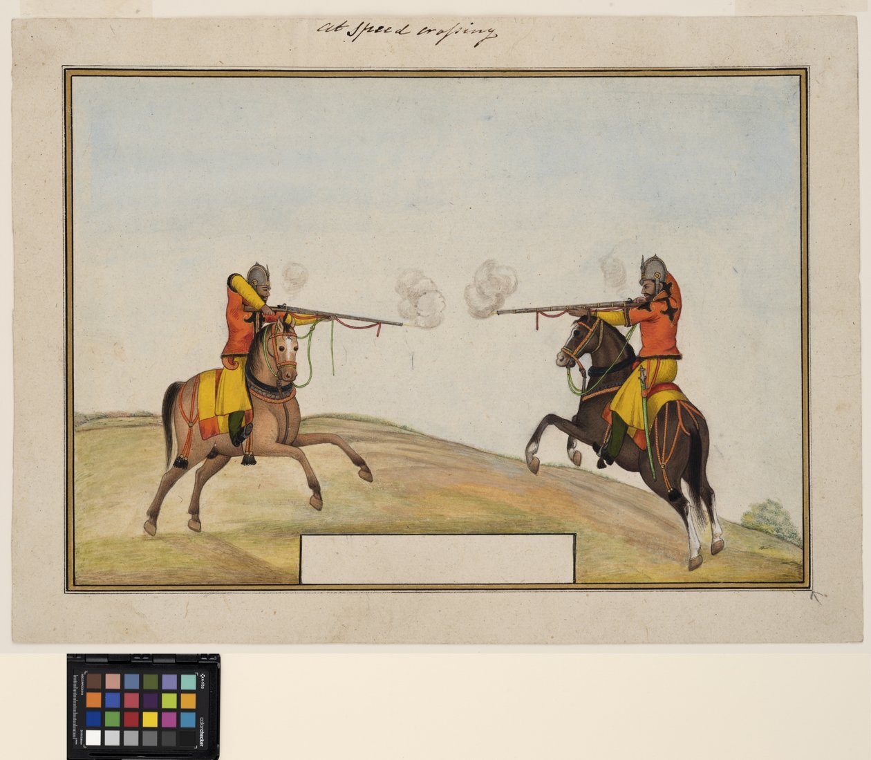 Dva jízdní vojáci si vyměňují střelbu z pušek, cca 1830 (neprůhledný akvarel a zlato na papíře) od Indian School
