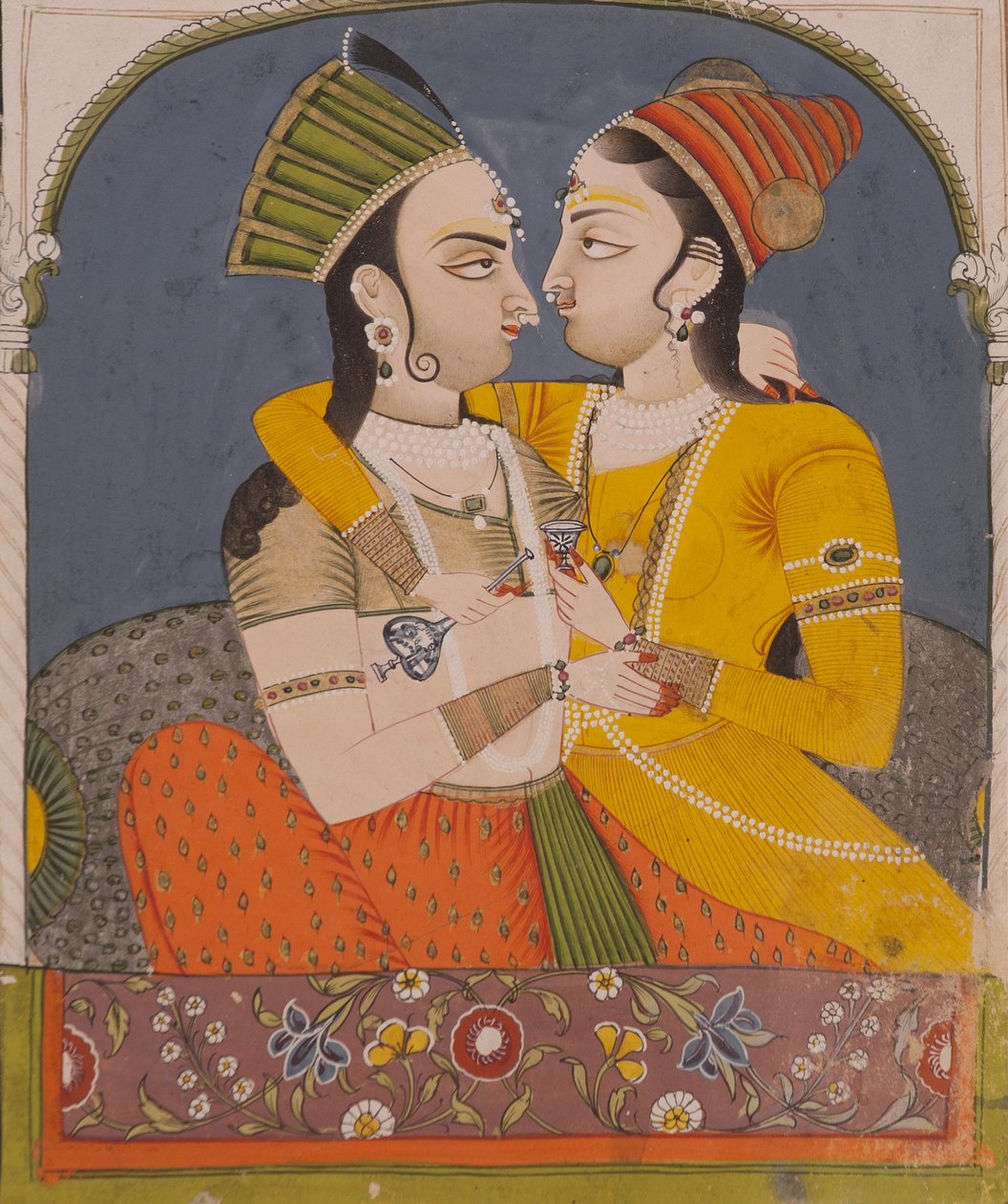 Dvě královny sdílejí drink, od milenců se objímají ve výklenku, kolem 1780 (neprůhledné wc a zlato na papíře) od Indian School