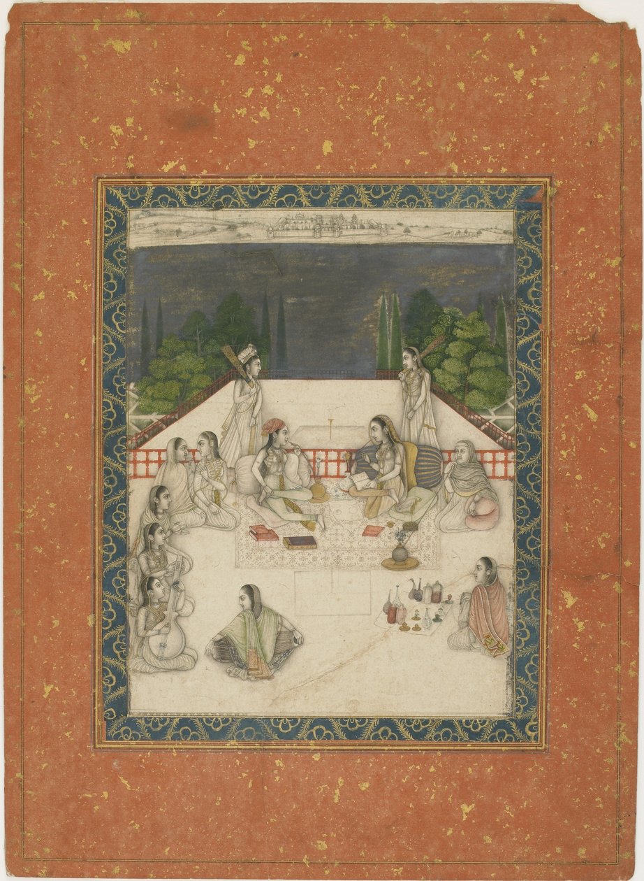 Dvě ženy sedící na terase, obklopené obsluhou a hudebníky, kolem 1650 (neprůhledné wc a zlato na papíře) od Indian School