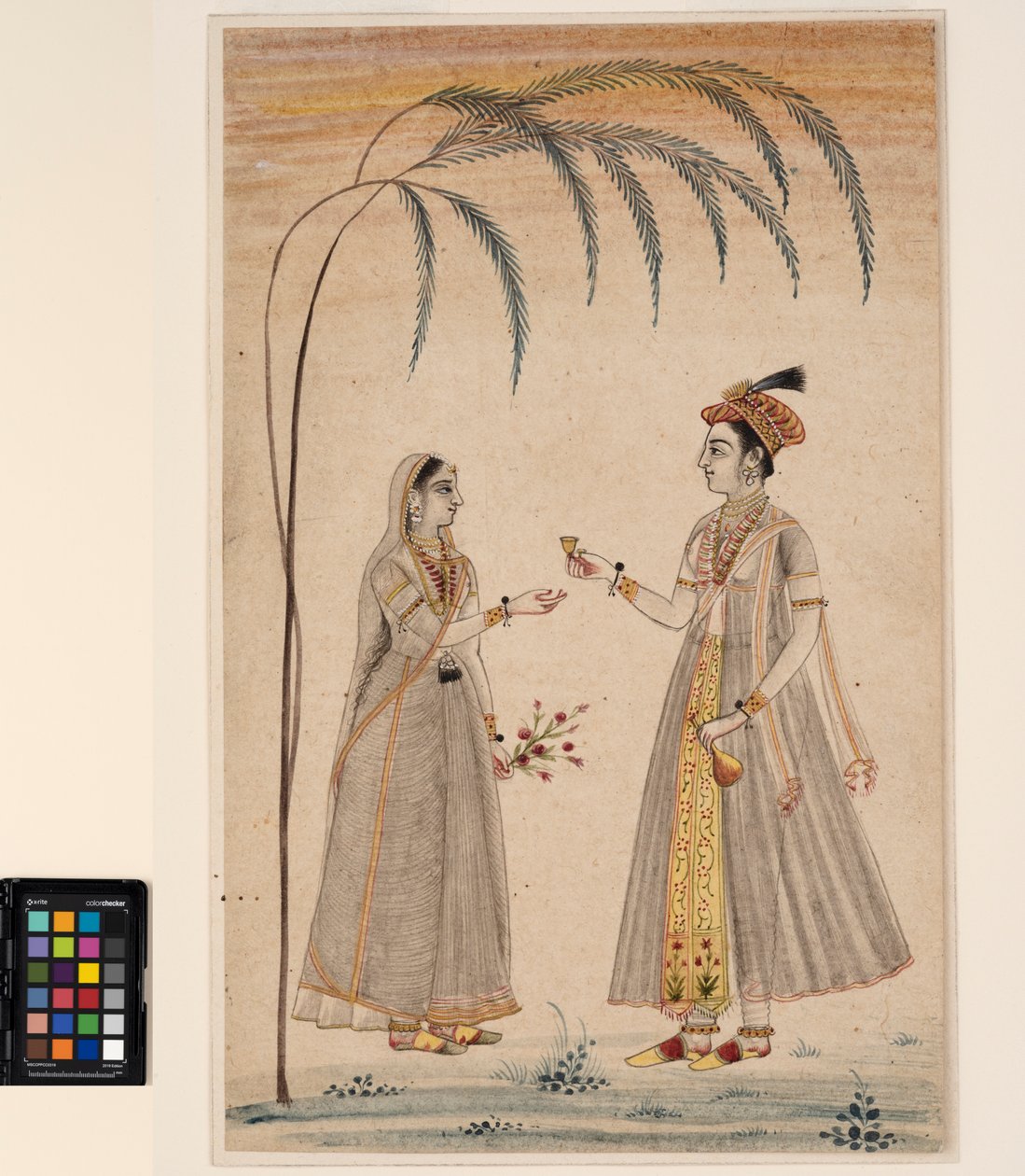 Dvě ženy pod stromem, cca 1750 (neprůhledný akvarel a zlato na papíře) od Indian School