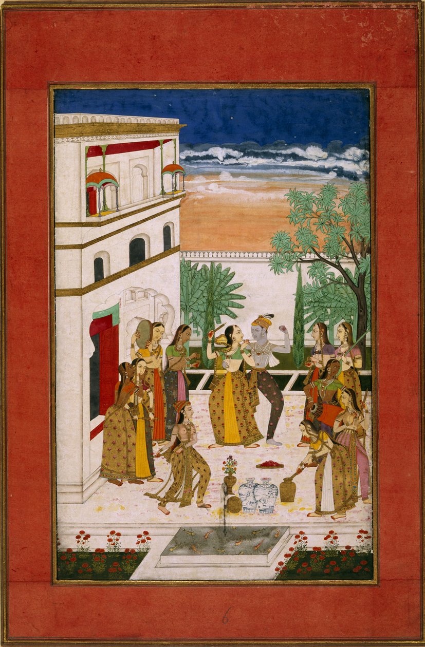 Vasanta Ragini, tanec Rádhy a Krišny, kolem roku 1760 (akvarel na papíře) od Indian School