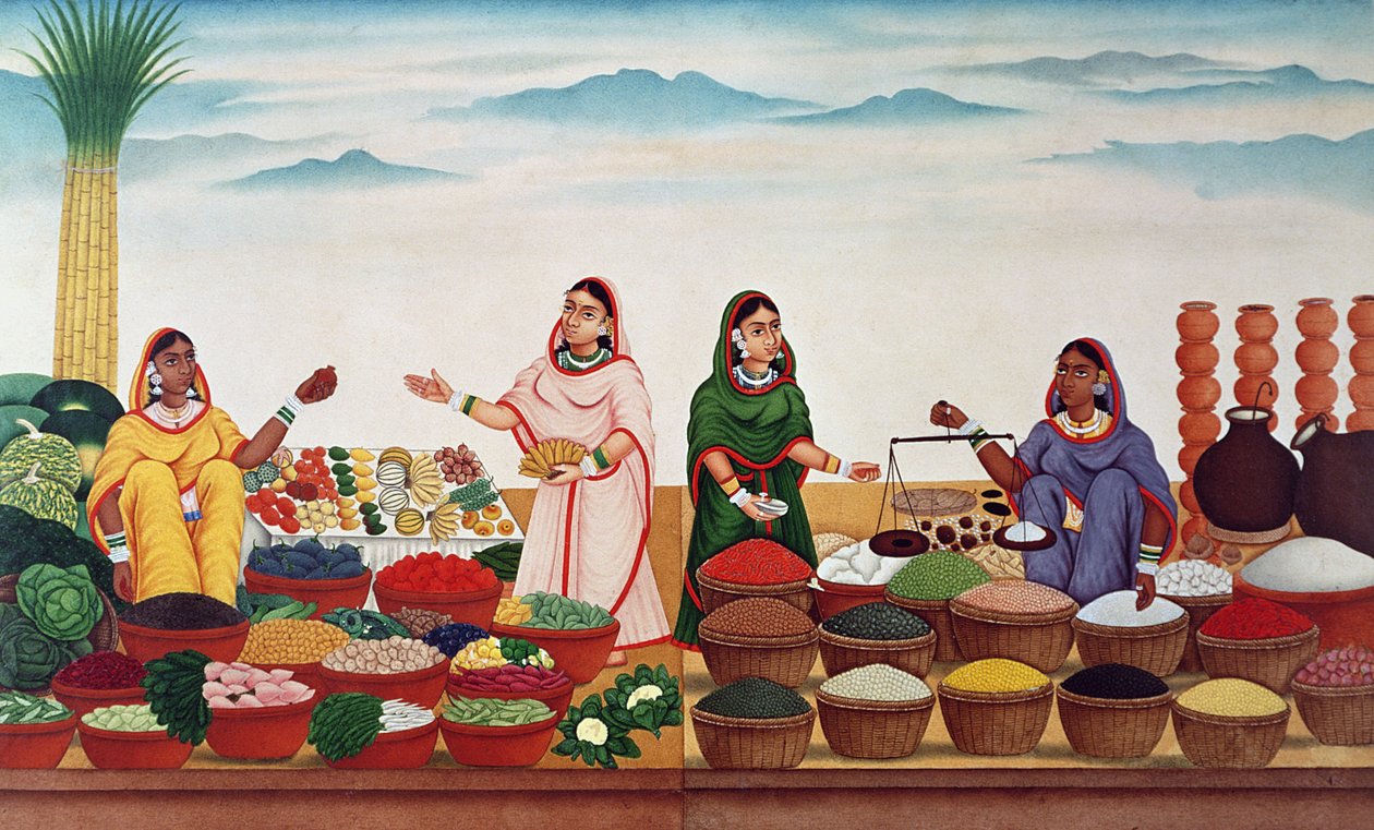 Trh se zeleninou a kořením v Benares, kolem roku 1840 od Indian School