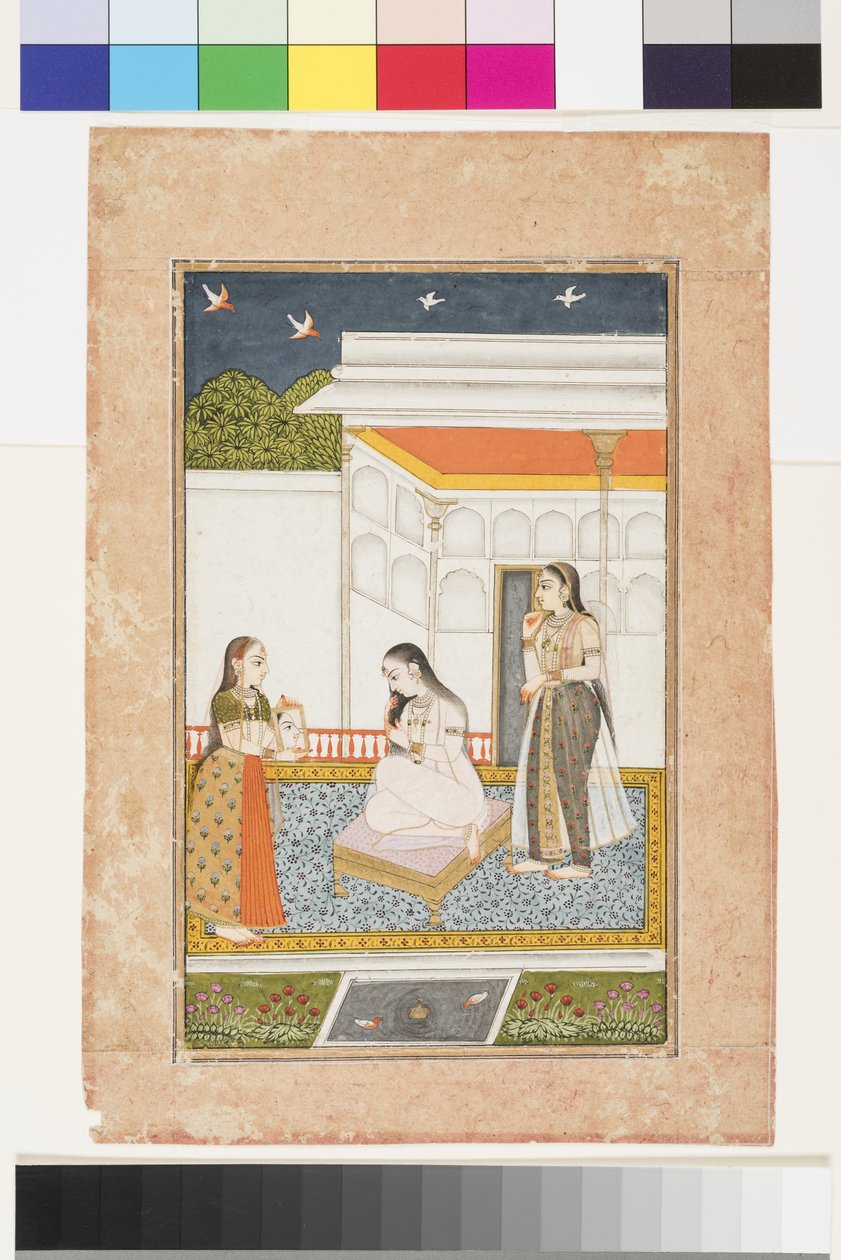 Vilaval Ragini z Hindolu, kolem roku 1745 (neprůhledný akvarel a zlato na papíře, připevněno na stránce alba) od Indian School
