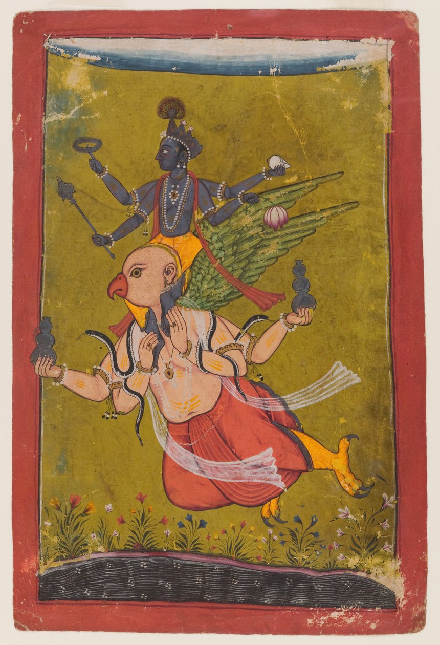 Višnu na Garudě, cca 1725 nebo dřívější (wc, stříbro a zlato na papíře) od Indian School