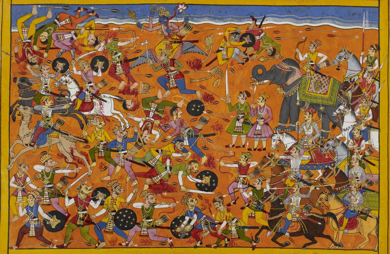 Višnu vede bohy, poráží Maljavana, démoni se zahanbeně stahují. od Indian School