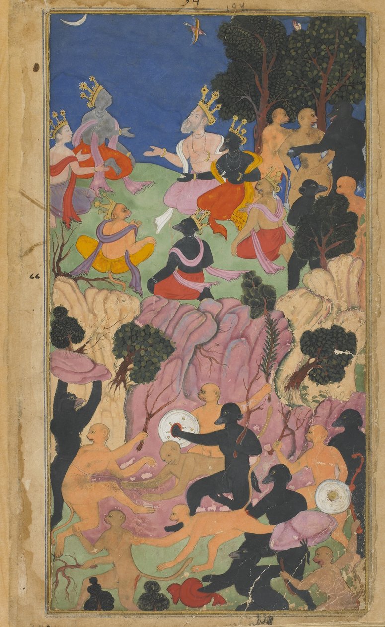 Vol.2 fol.194 Ráma jedná s náčelníky Vanary na hoře Suvela (neprůhledný akvarel, inkoust a zlato na papíře) od Indian School