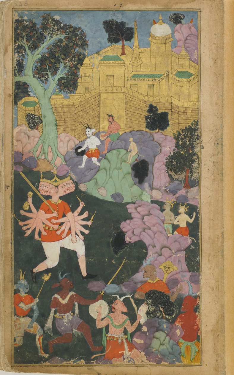 Vol.2 fol.238 Rávana a jeho síly zaujímají postavení před městem (neprůhledný akvarel, inkoust a zlato na papíře) od Indian School