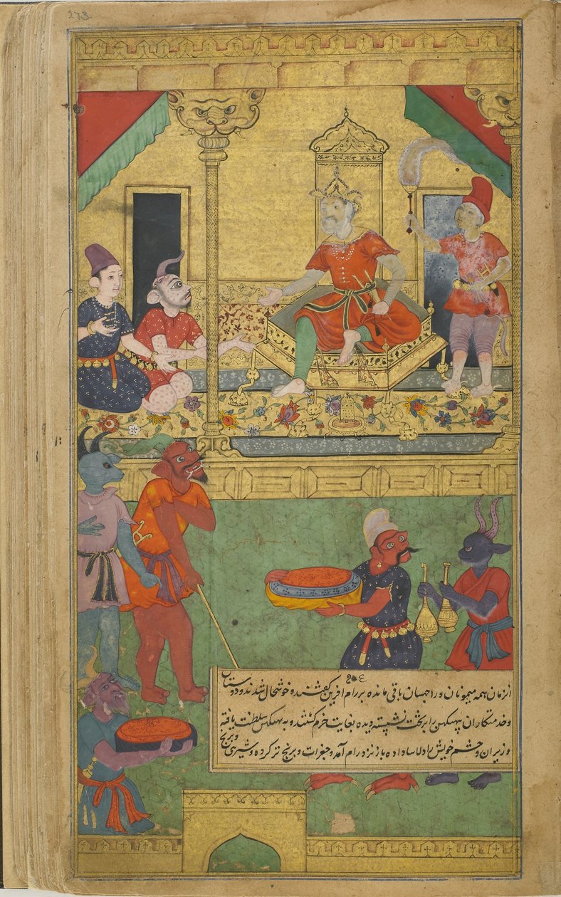 Vol.2 fol.273 Vibhishana je instalován jako král Lanky (neprůhledný akvarel, inkoust a zlato na papíře) od Indian School