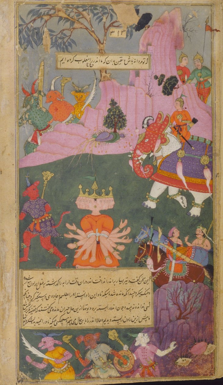Vol.2 fol.310 Armáda raksasů prchá při pohledu na Rávanu zajatého Indrou (neprůhledný akvarel, inkoust a zlato na papíře) od Indian School