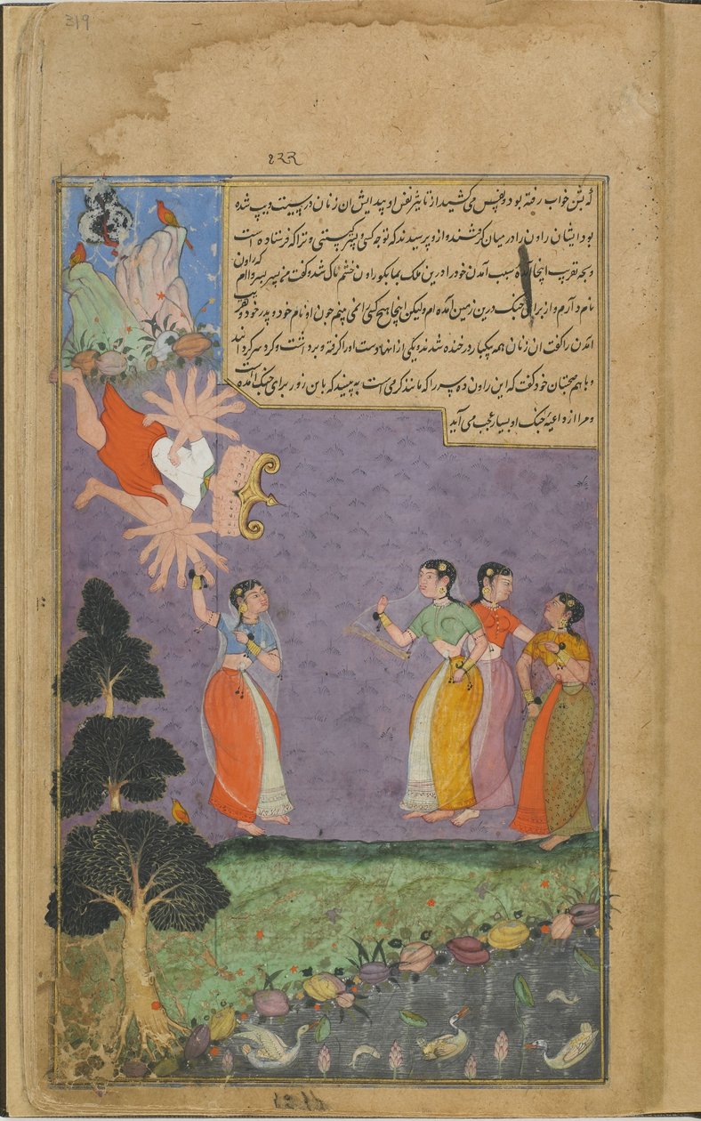2. díl fol.319 Ženy ze Světadvípy házejí Rávanou (neprůhledný akvarel, tuš a zlato na papíře) od Indian School