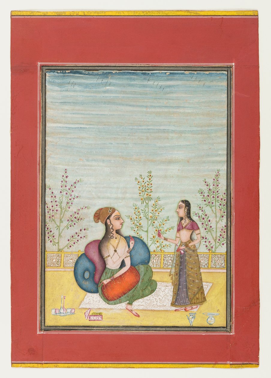 Žena a obsluha, cca 1700-10 (neprůhledné wc a zlato na papíře) od Indian School