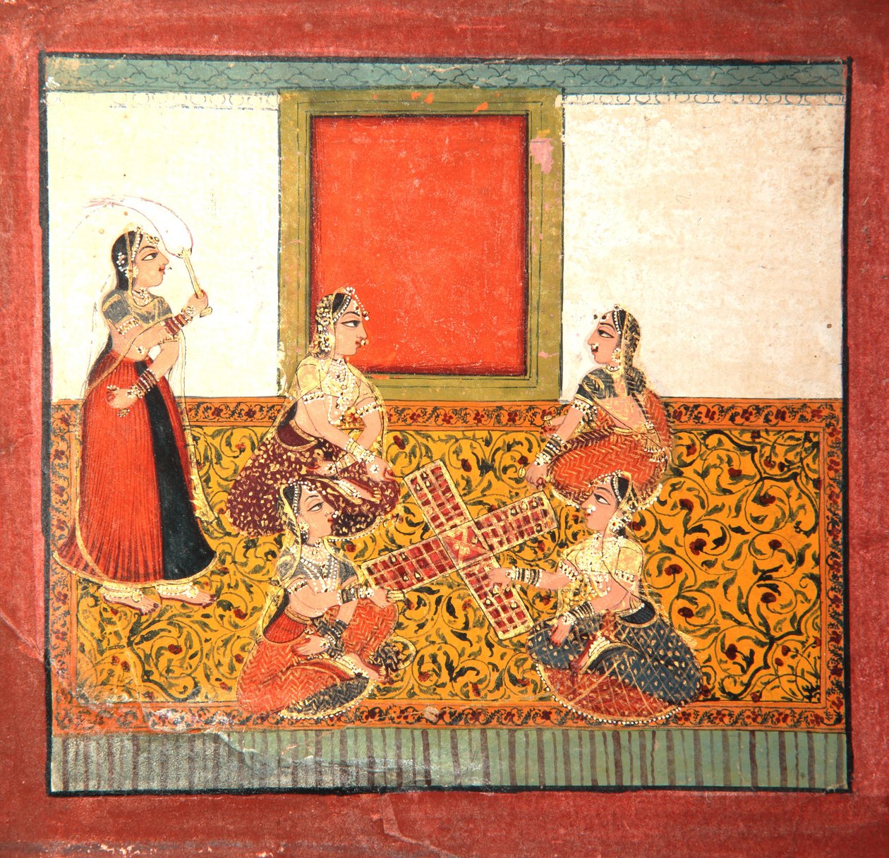 Ženy hrající Parcheesi, sedící na žluté vzorované podlaze, cca 1725 (neprůhledné wc a zlato na papíře) od Indian School