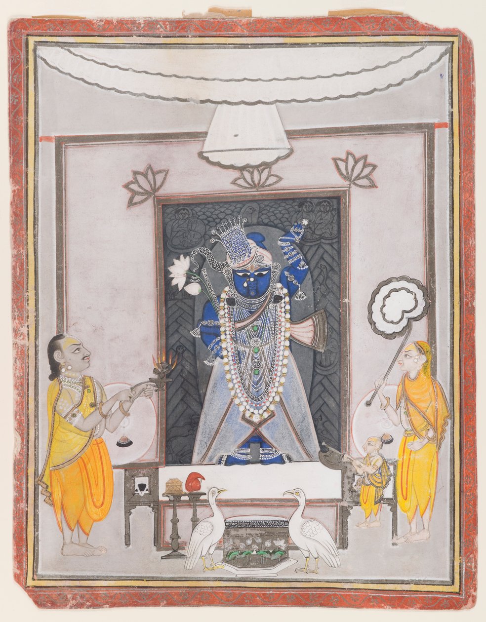 Uctívání Shrinathaji (neprůhledné wc, zlato a stříbro na papíře) od Indian School