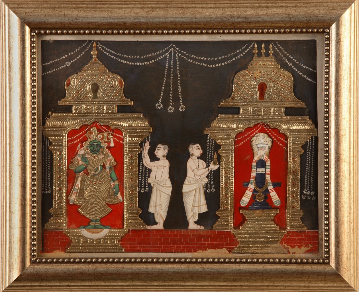 Uctívání Višnhu a Šivy ve formě Shivalingamu, škola Tanjavore, konec 19. století (wc a zlato na papíře) od Indian School