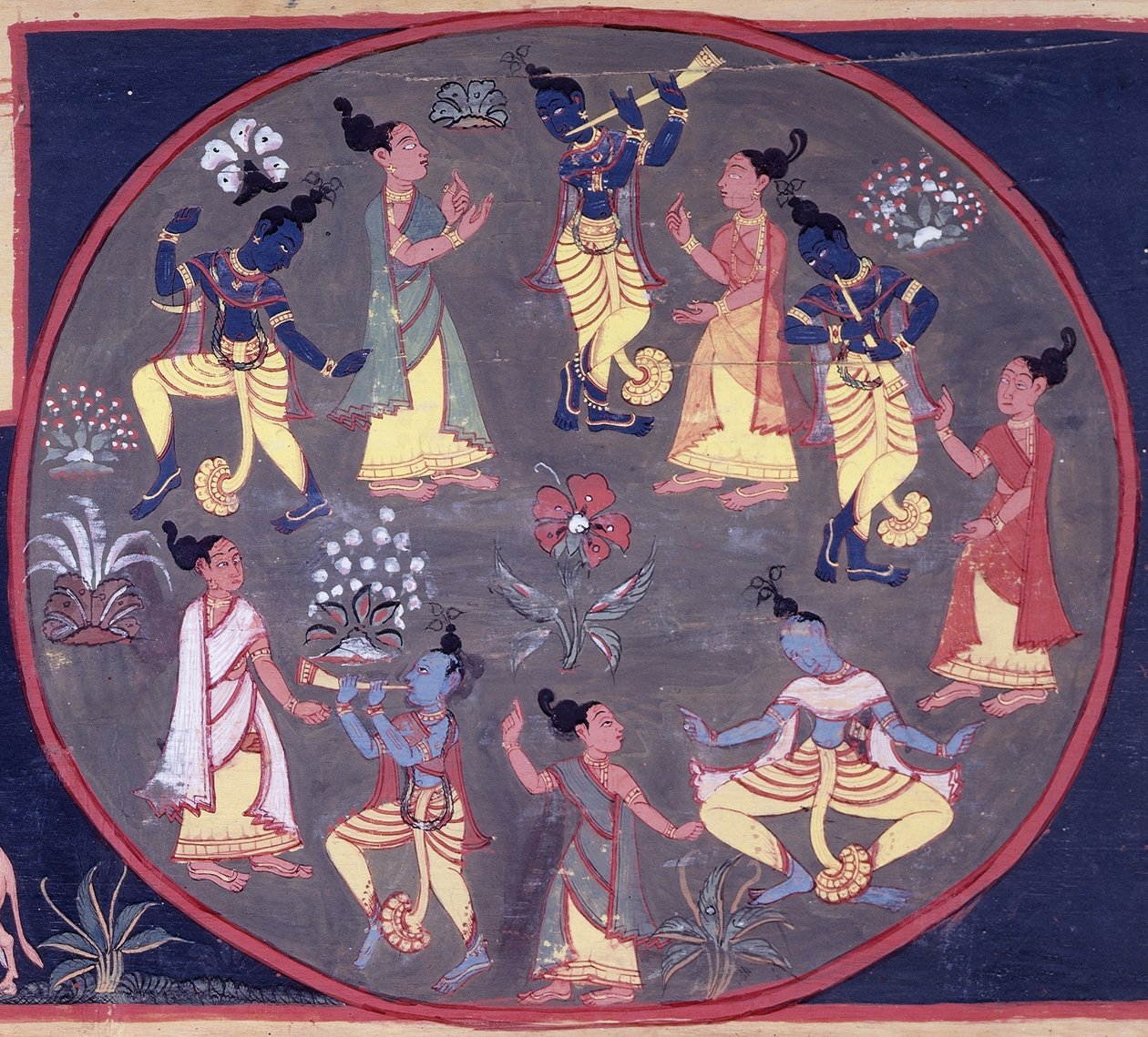 fol.142v Kruh tanečníků a hudebníků z „Brahma-Khandy Brahma-vaivarta purány“ od Durgacaryi od Indian School