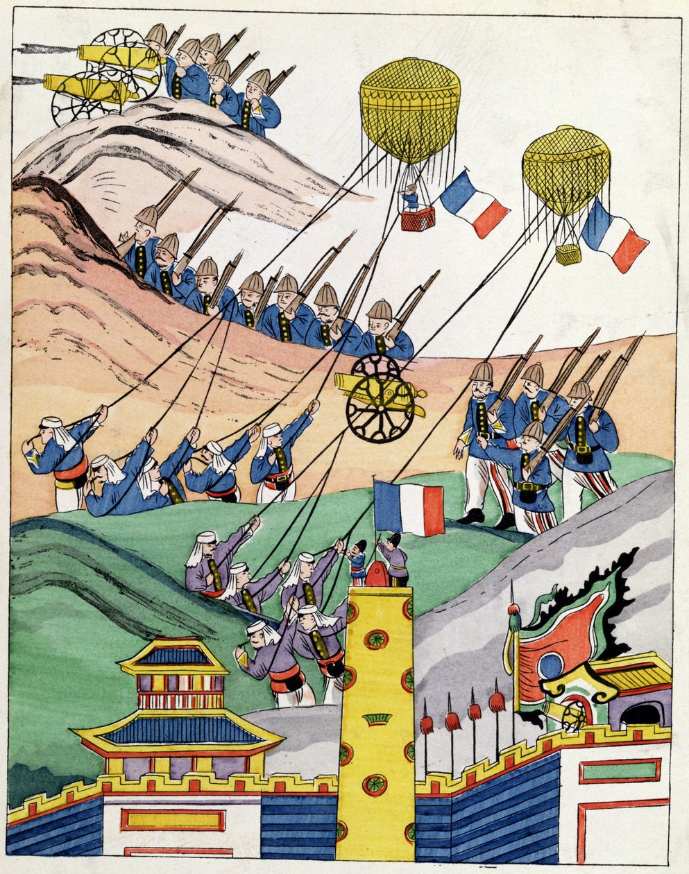 Plakát zobrazující francouzské jednotky používající ukořistěné balóny v době dobytí Tonkinu, 1884 od Indo Chinese School