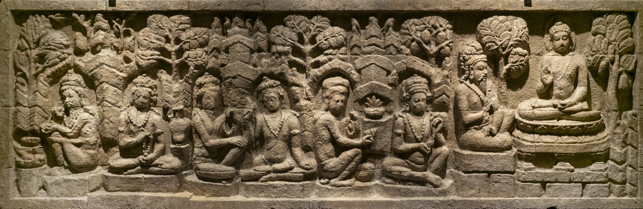 Arada Kalama předává své učení budoucímu Buddhovi. Indonésie, Jáva, Boroduru. Konec 19. století od Indonesian School