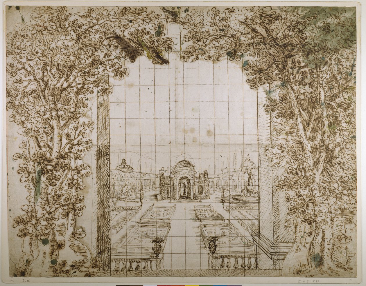 Zahrada a knížecí vila (pero a inkoust na papíře) od Inigo Jones