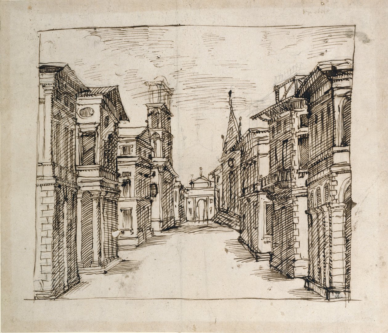 Ulice v perspektivě, cca 1617 (pero a inkoust na papíře) od Inigo Jones