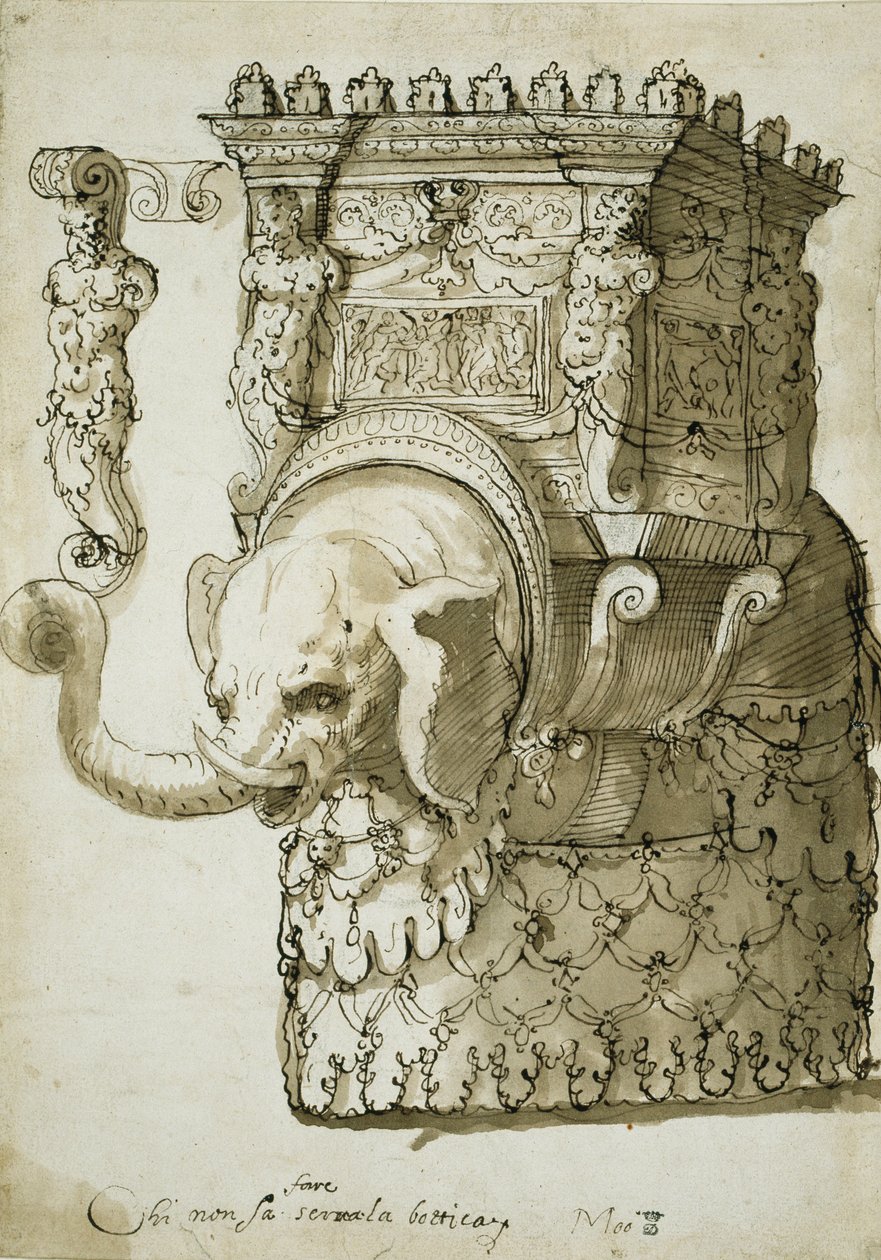 Design pro sloní průvod (pero a inkoust na papíře) od Inigo Jones