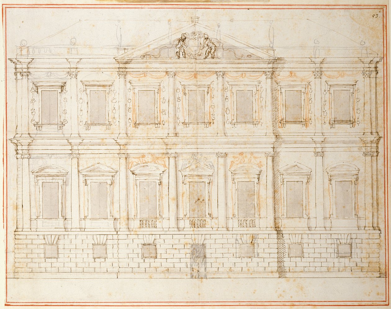 Elevace předposledního návrhu pro Banqueting House, Whitehall, cca 1619 (pero a inkoust na papíře) od Inigo Jones