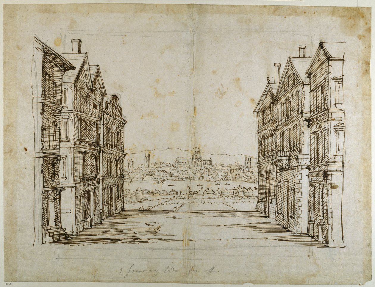 Anglické domy s Londýnem a Temží daleko (pero a inkoust na papíře) od Inigo Jones