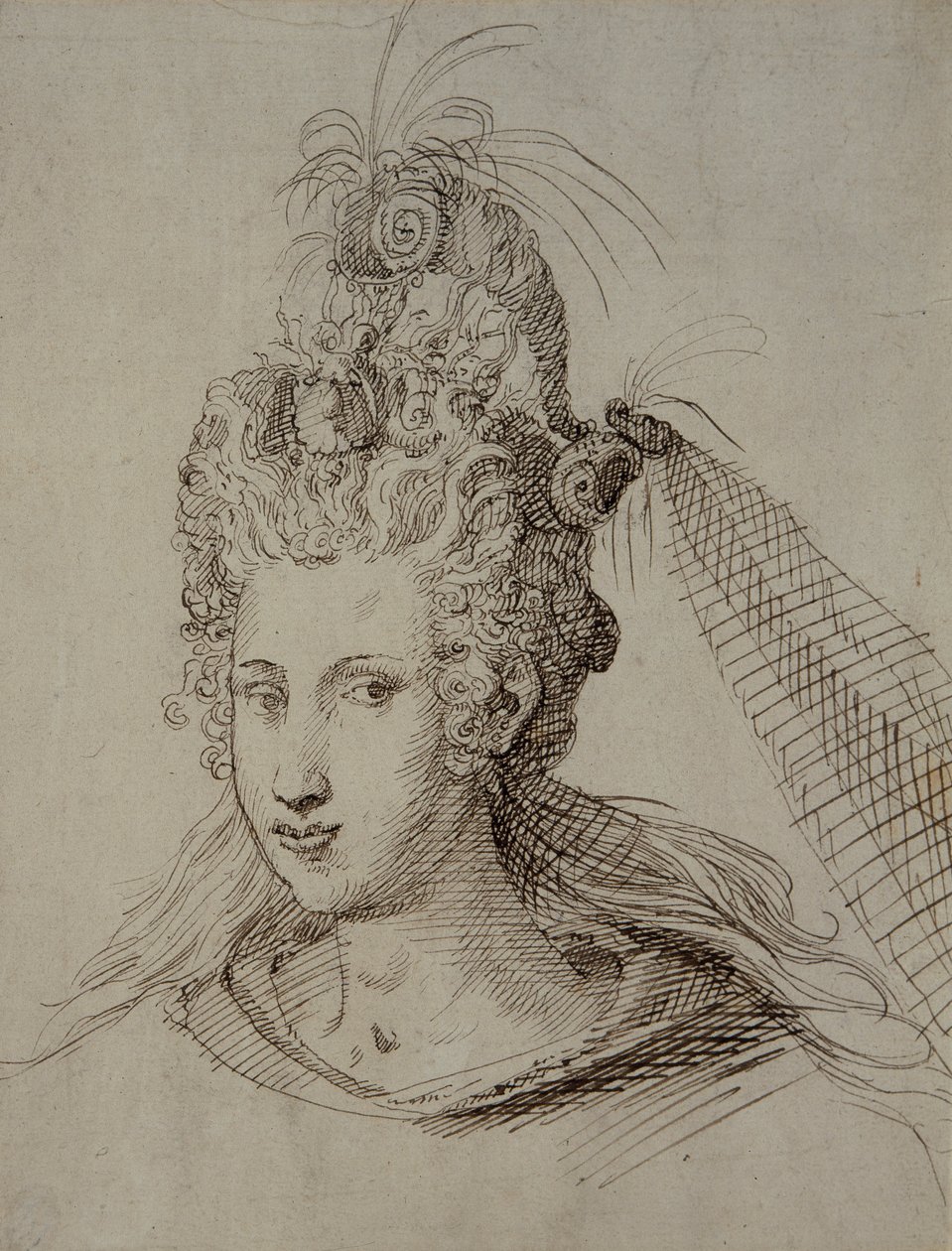Pokrývka hlavy, pravděpodobně pro Annu Dánskou (pero a inkoust na papíře) od Inigo Jones