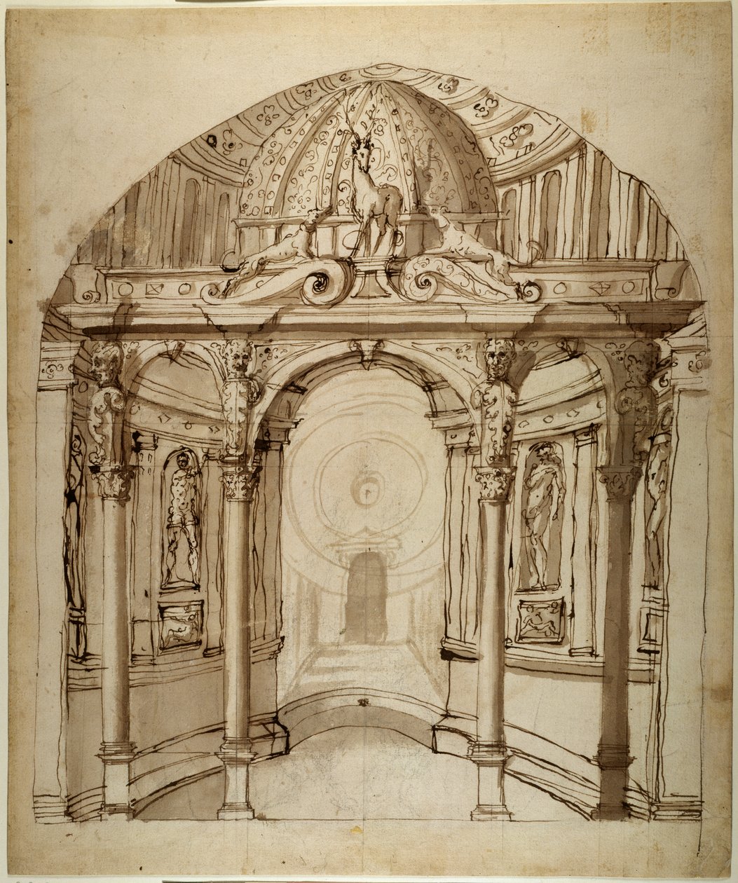Interiér paláce, cca 1611 (pero a inkoust na papíře) od Inigo Jones