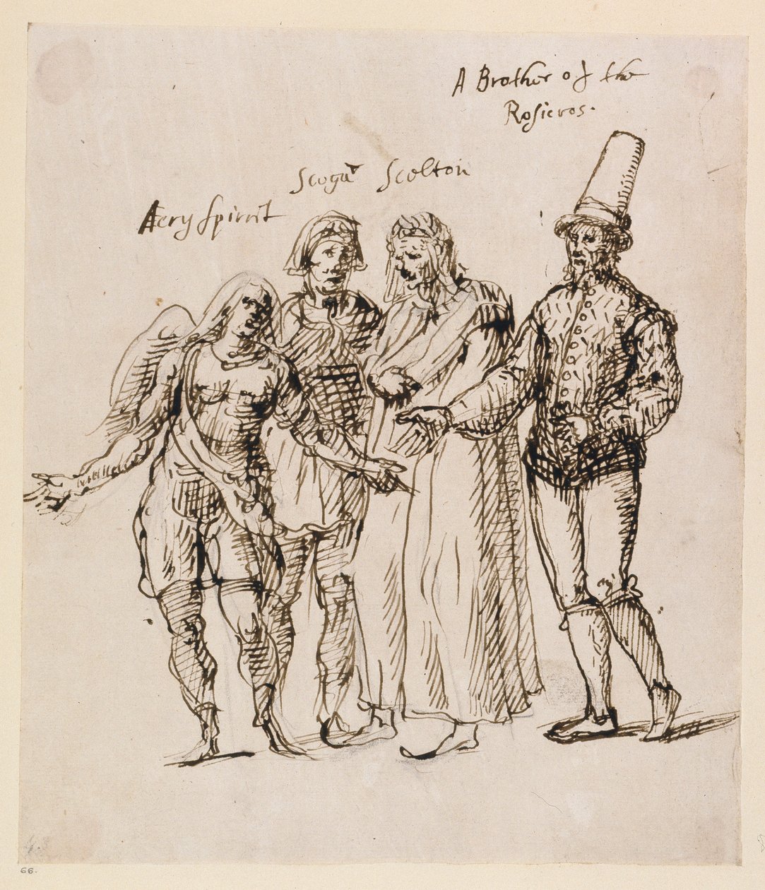 Johphiel, Merefool, Skelton a Scogan, cca 1625 (pero a inkoust na papíře) od Inigo Jones