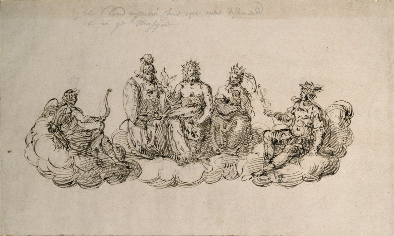 Jove se senátem bohů, kolem 1622 (pero a inkoust na papíře) od Inigo Jones