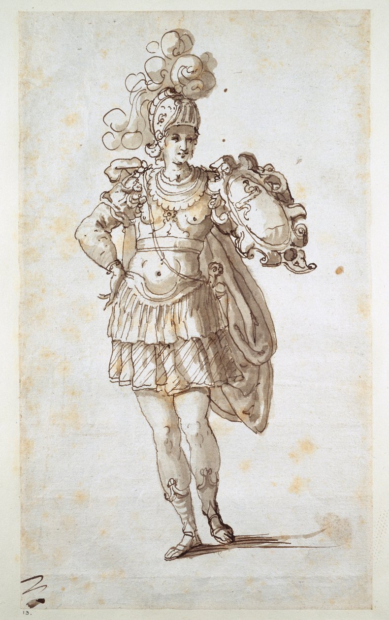 Rytíř nebo panoš se štítem (pero a inkoust na papíře) od Inigo Jones