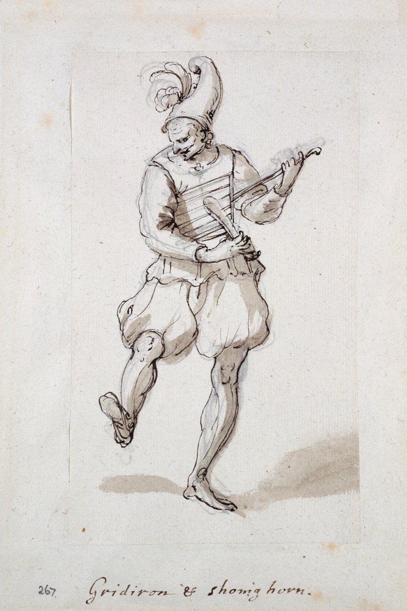 Muž s roštem a rohem na boty (pero a inkoust na papíře) od Inigo Jones