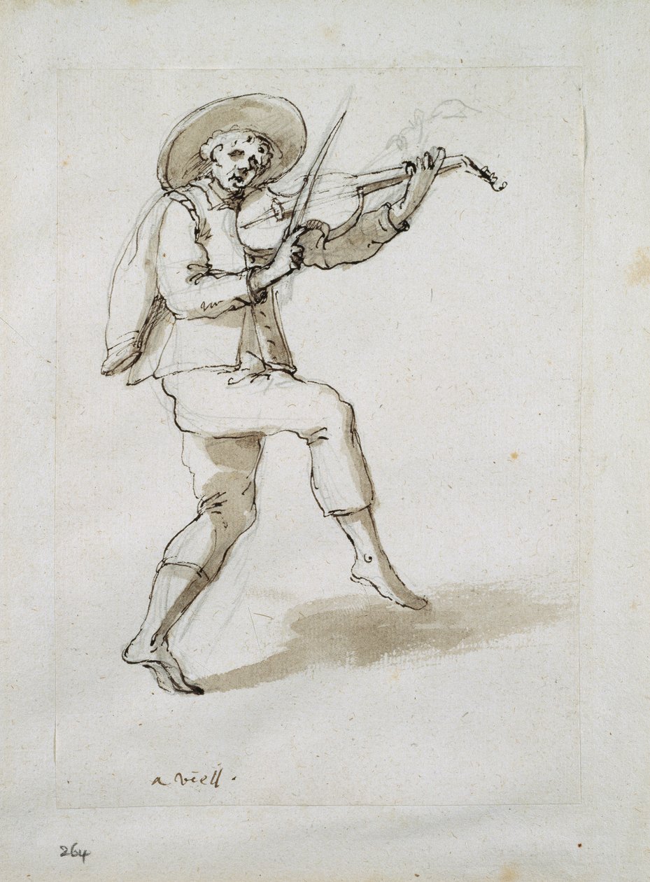 Muž s violoncellem (pero a inkoust na papíře) od Inigo Jones