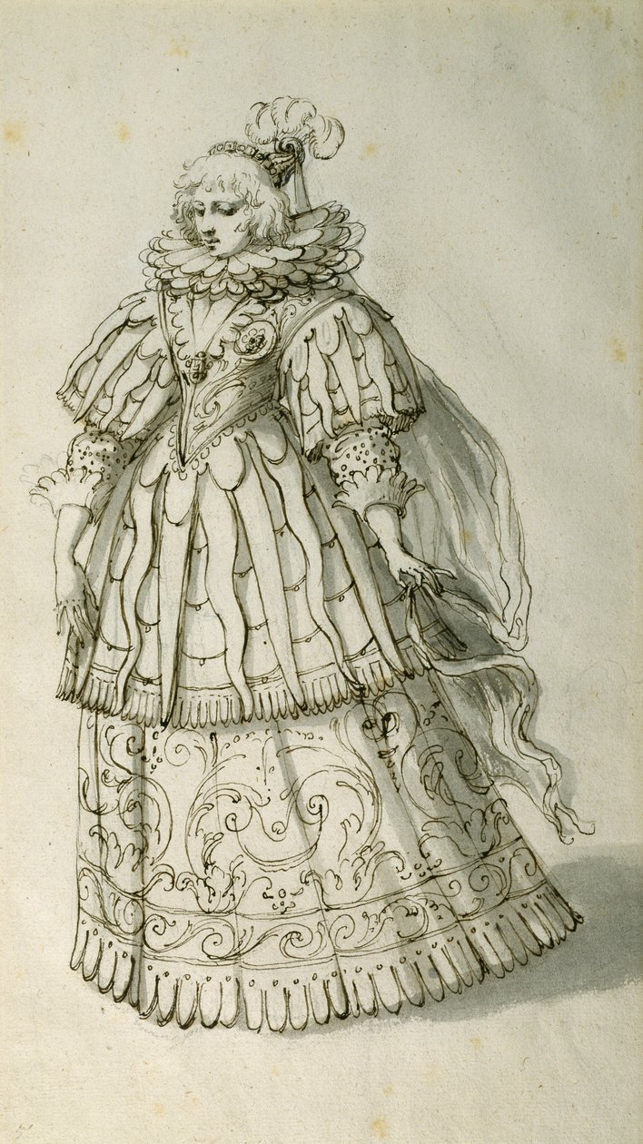 Masquer, cca 1638 (pero a inkoust na papíře) od Inigo Jones
