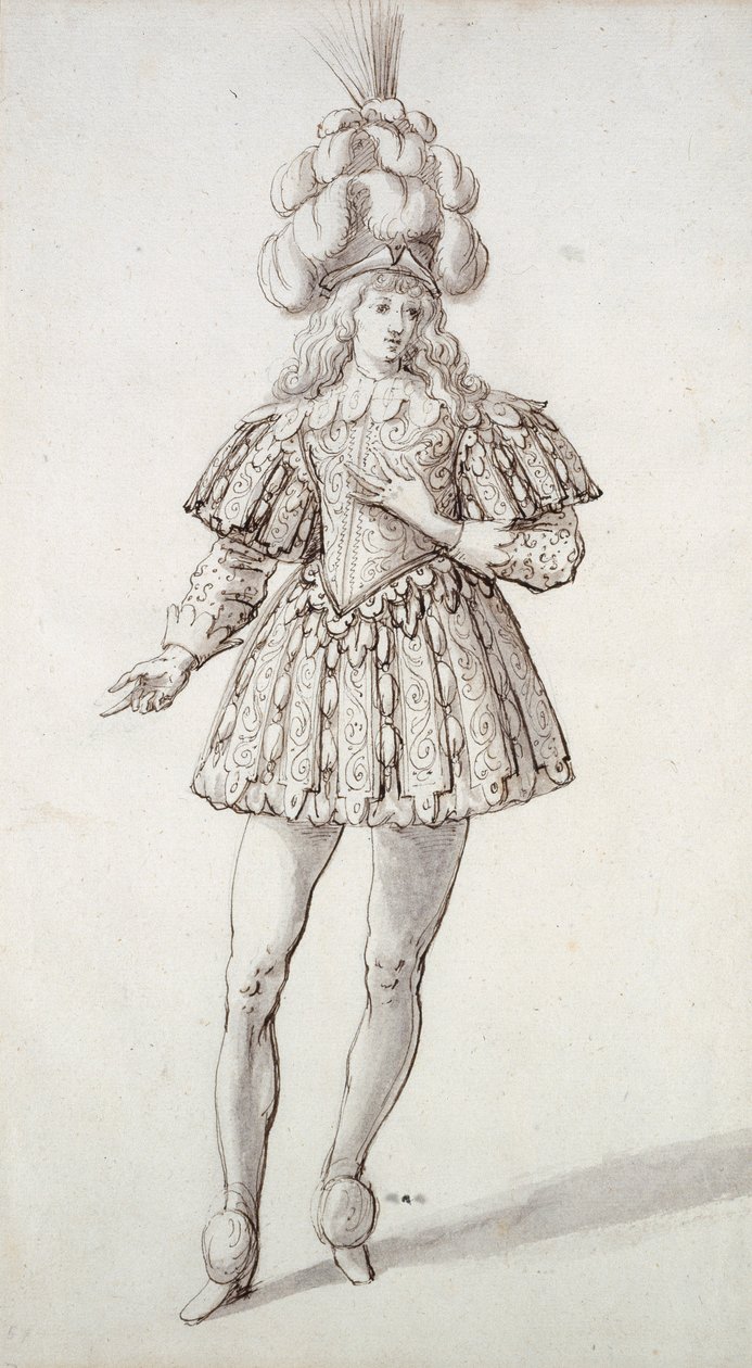 Maska s peřím a chocholem (pero a inkoust na papíře) od Inigo Jones