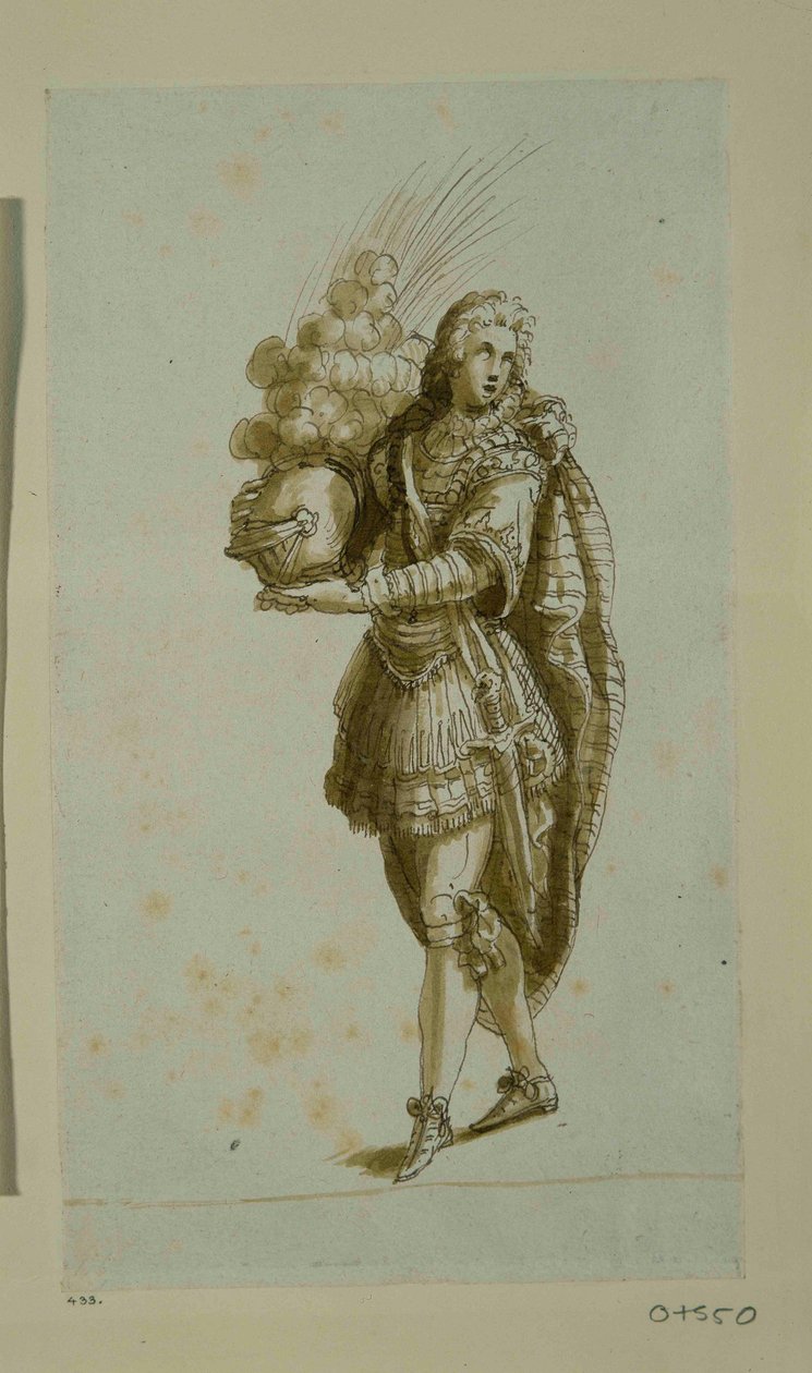 Stránka s přilbou (pero a inkoust na papíře) od Inigo Jones
