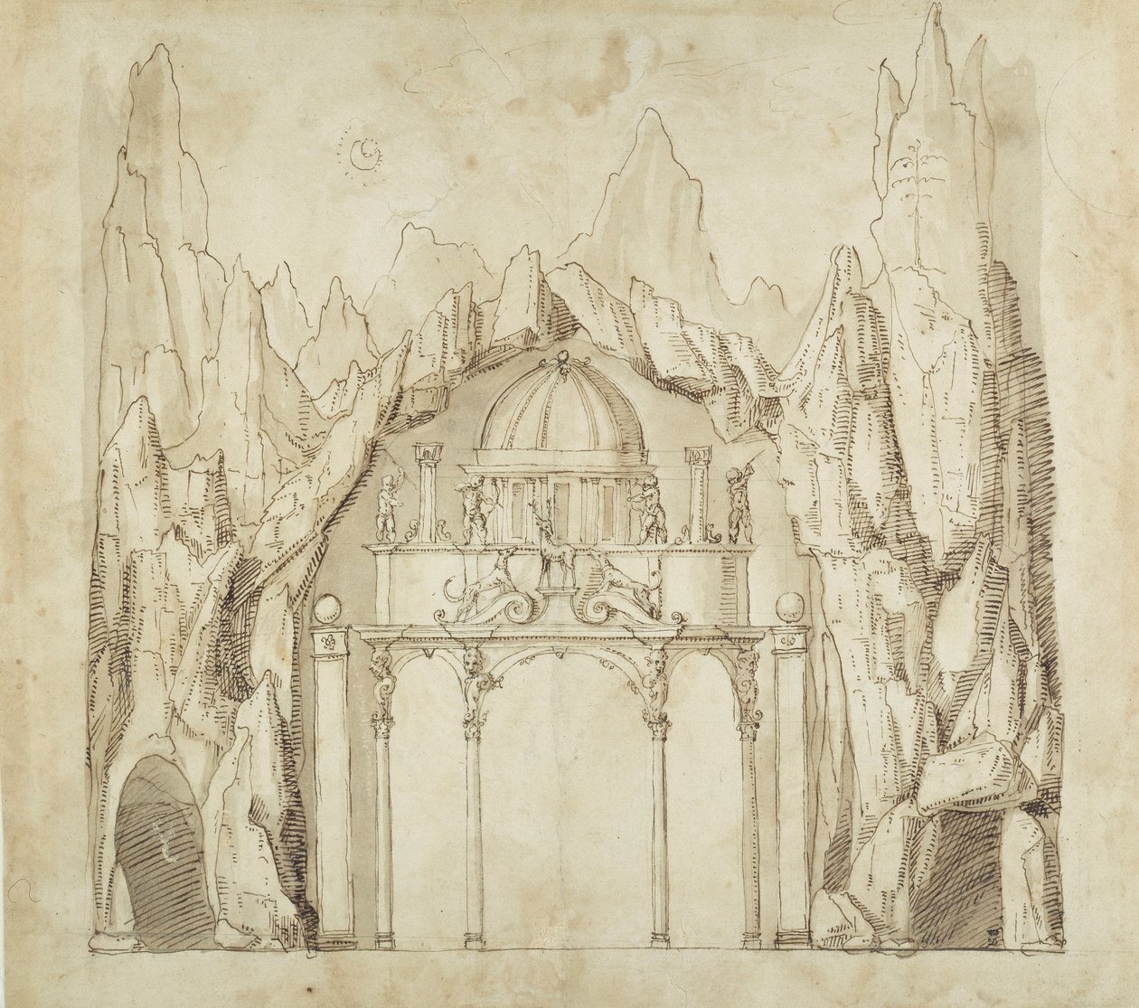 Palác v jeskyni, cca 1611 (pero a inkoust na papíře) od Inigo Jones