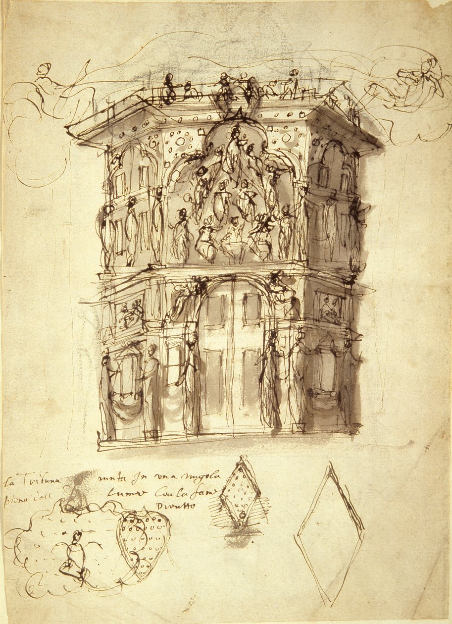 The Masque of Queens, scéna 2: Dům slávy, cca 1609 (pero a inkoust na papíře) od Inigo Jones