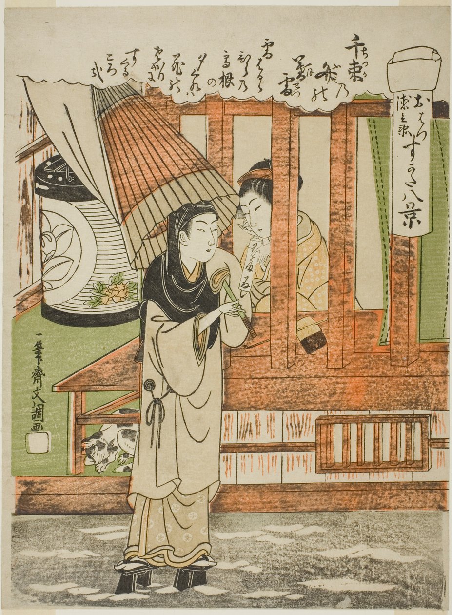 Chizuka no Fumi no Bosetsu (Večerní sníh tisíce svazků milostných dopisů), milenci Ohatsu a Tokubei ze série „Sugata Hakkei (Osm pohledů milenců)“ od Ippitsusai Bunchō