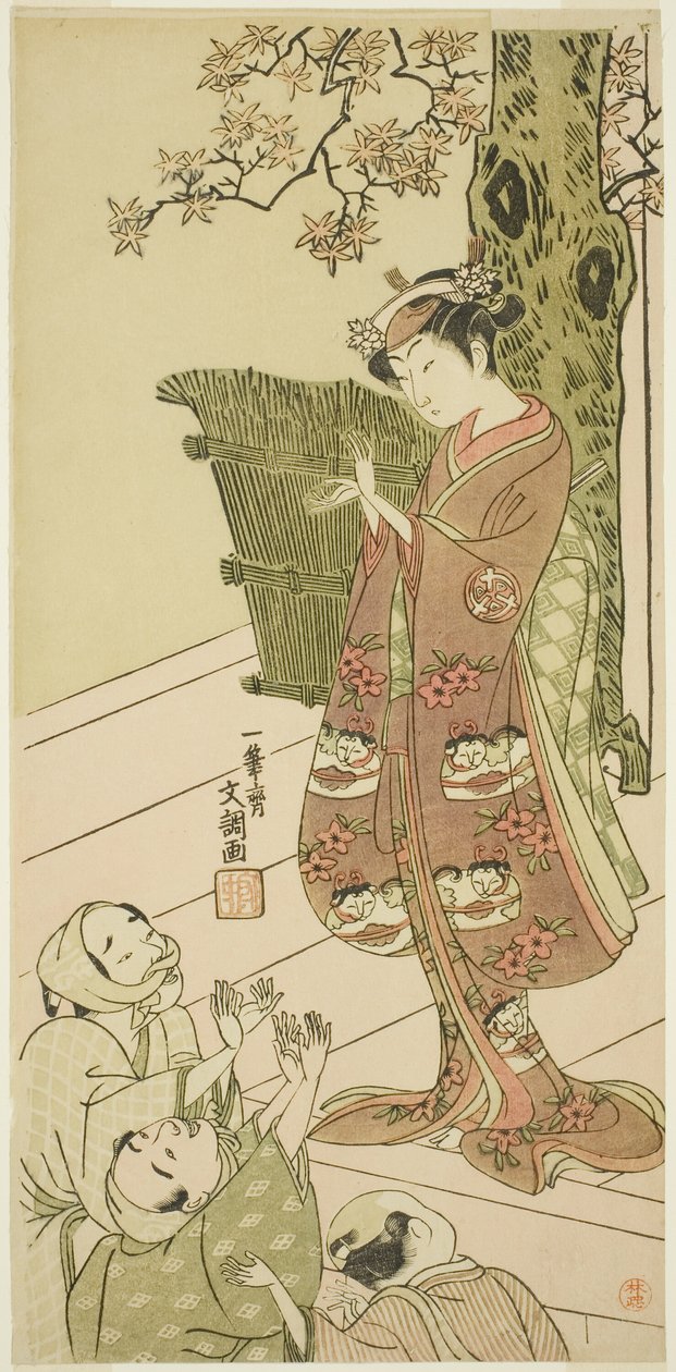 Herec Arashi Hinaji I, možná jako Yuya Gozen ve hře Ima o Sakari Suehiro Genji (Klan Genji nyní za zenitem), hrál v divadle Nakamura od prvního dne jedenáctého měsíce, 1768 od Ippitsusai Bunchō