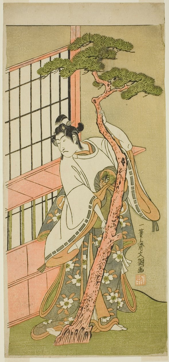 Herec Ichikawa Monnosuke II jako Tsunewaka-maru ve hře Iro Moyo Aoyagi Soga, hrál v divadle Nakamura ve druhém měsíci, 1775 od Ippitsusai Bunchō