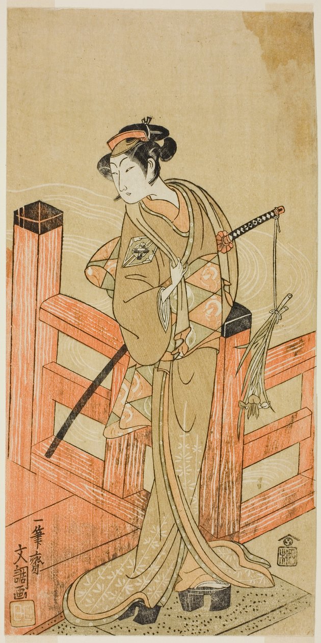 Herec Nakamura Matsue I jako Tsuchiya Umegawa v přestrojení za ženskou zápasnici sumo Oyodo (?) ve hře Naniwa no Onna-zumo (?), hrané v divadle Nakamura (?) v šestém měsíci, 1770 (?) od Ippitsusai Bunchō