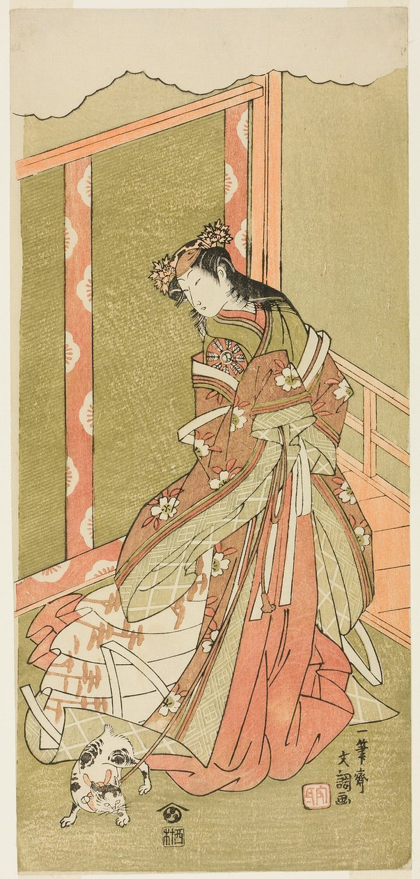 Herec Nakamura Noshio I jako třetí princezna (Nyosan no Miya) ve hře Fuki Kaete Tsuki mo Yoshiwara (Znovutašená střecha: Měsíc svítí i nad Joshiwara Pleasure District), hraje v divadle Morita od prvního dne jedenáctého měsíce od Ippitsusai Bunchō