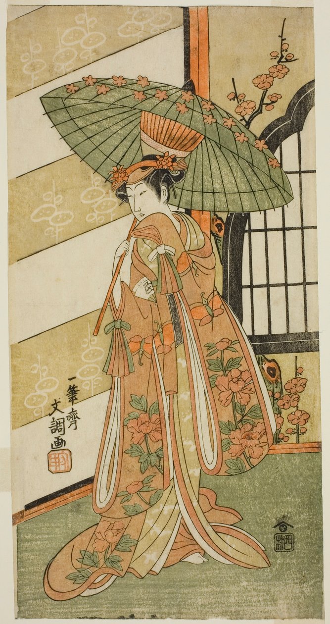 Herec Onoe Tamizo I jako Nishikigi ve hře Mutsu no Hana Ume no Kaomise, hrál v divadle Ichimura v jedenáctém měsíci, 1769 od Ippitsusai Bunchō