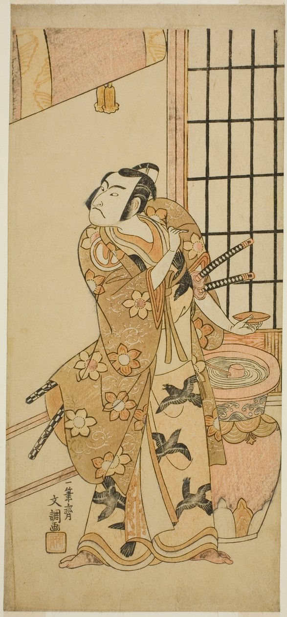 Herec Sawamura Sojuro II jako Kudo Suketsune (?) ve hře Edo no Hana Wakayagi Soga (?), hrané v divadle Ichimura (?) ve druhém měsíci, 1769 (?) od Ippitsusai Bunchō