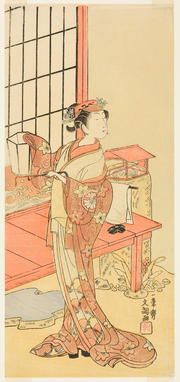 Herec Segawa Kikunojo II, možná jako princezna Ayaori ve hře Ima o Sakari Suehiro Genji (Klan Genji nyní za zenitem), hrál v divadle Nakamura od prvního dne jedenáctého měsíce, 1768 od Ippitsusai Bunchō