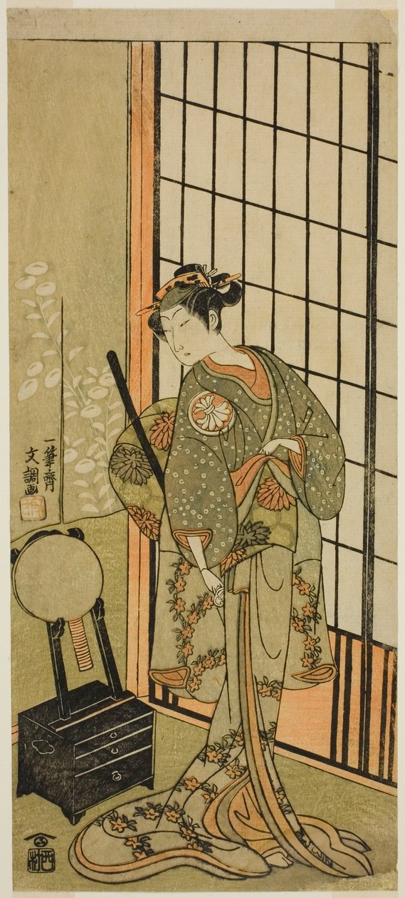 Herec Segawa Kikunojo II jako princezna Hitomaru (Hitormaru Hime) (?) ve hře Play Soga Moyo Aigo no Wakamatsu (?), Hrané v divadle Nakamura (?) v prvním měsíci roku 1769 (?) od Ippitsusai Bunchō